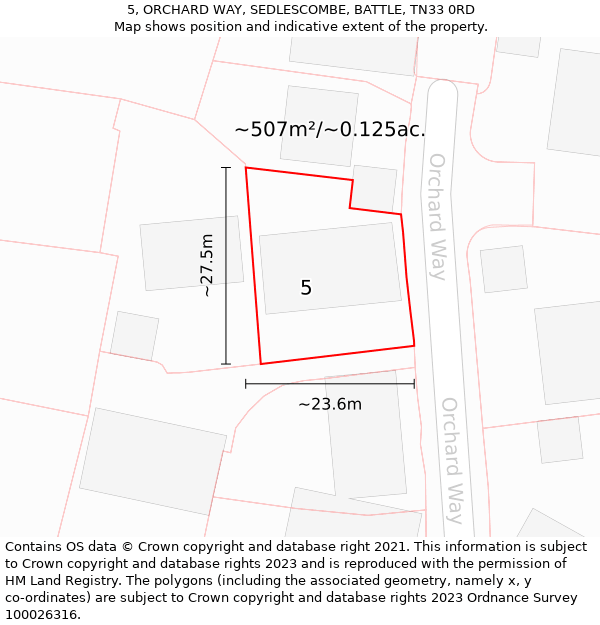 5, ORCHARD WAY, SEDLESCOMBE, BATTLE, TN33 0RD: Plot and title map