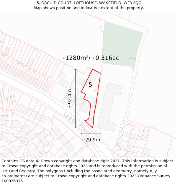 5, ORCHID COURT, LOFTHOUSE, WAKEFIELD, WF3 3QG: Plot and title map