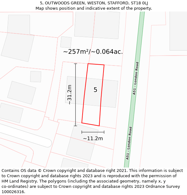 5, OUTWOODS GREEN, WESTON, STAFFORD, ST18 0LJ: Plot and title map