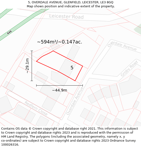 5, OVERDALE AVENUE, GLENFIELD, LEICESTER, LE3 8GQ: Plot and title map