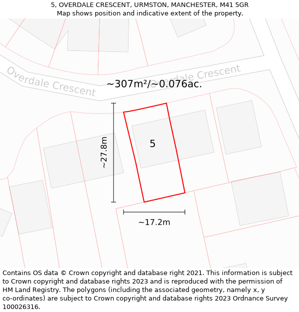 5, OVERDALE CRESCENT, URMSTON, MANCHESTER, M41 5GR: Plot and title map