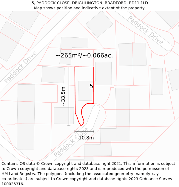 5, PADDOCK CLOSE, DRIGHLINGTON, BRADFORD, BD11 1LD: Plot and title map
