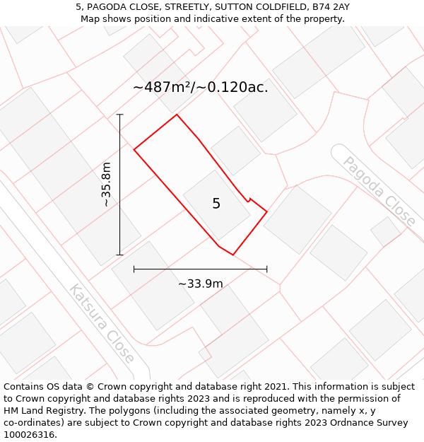 5, PAGODA CLOSE, STREETLY, SUTTON COLDFIELD, B74 2AY: Plot and title map