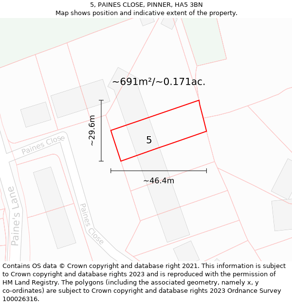 5, PAINES CLOSE, PINNER, HA5 3BN: Plot and title map