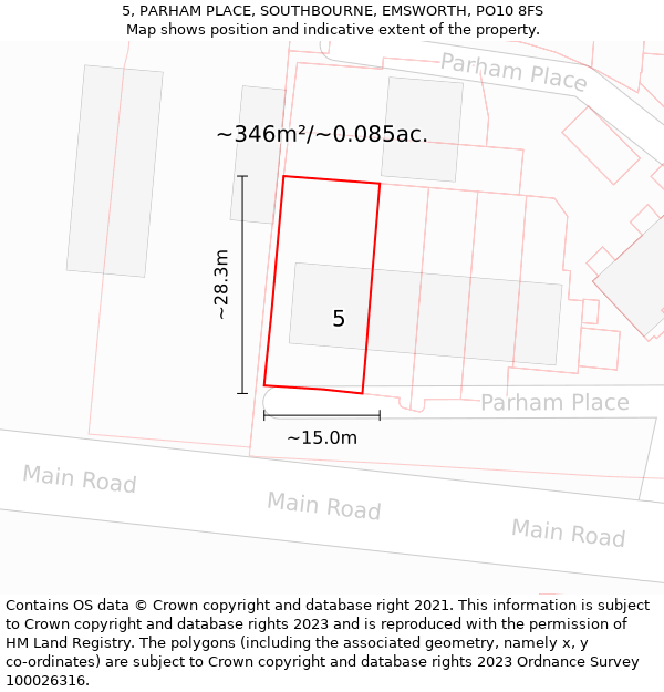 5, PARHAM PLACE, SOUTHBOURNE, EMSWORTH, PO10 8FS: Plot and title map