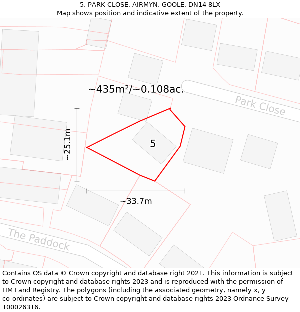 5, PARK CLOSE, AIRMYN, GOOLE, DN14 8LX: Plot and title map