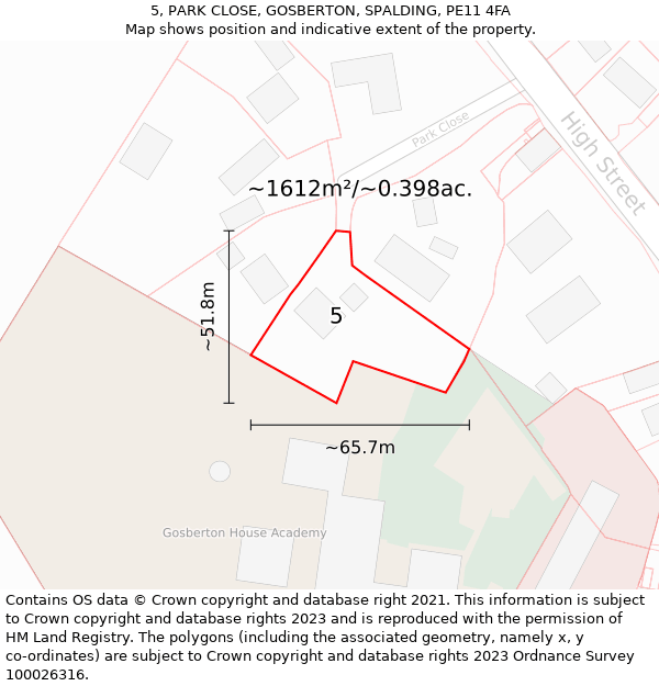 5, PARK CLOSE, GOSBERTON, SPALDING, PE11 4FA: Plot and title map