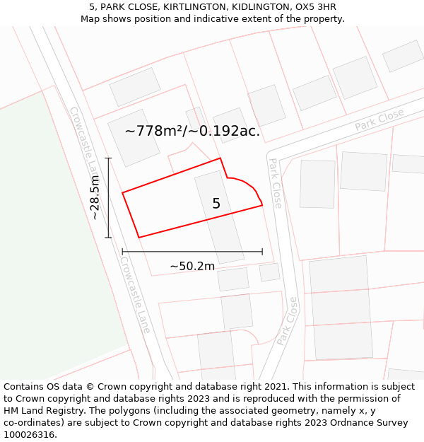 5, PARK CLOSE, KIRTLINGTON, KIDLINGTON, OX5 3HR: Plot and title map