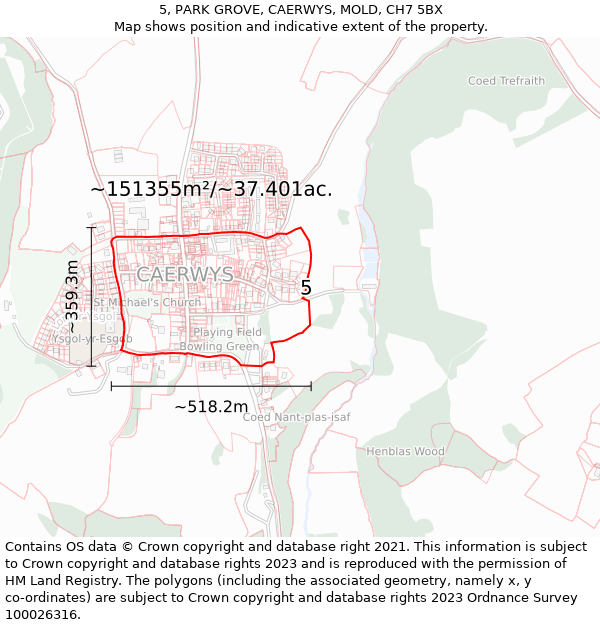 5, PARK GROVE, CAERWYS, MOLD, CH7 5BX: Plot and title map