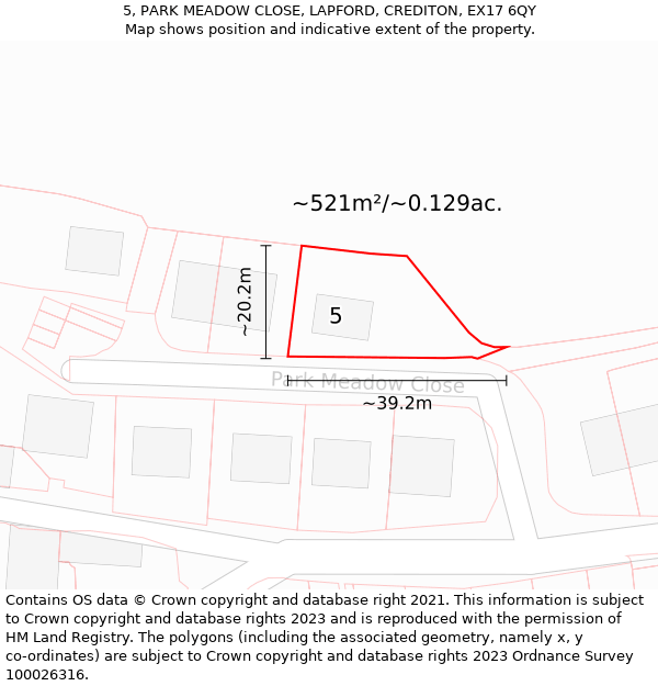 5, PARK MEADOW CLOSE, LAPFORD, CREDITON, EX17 6QY: Plot and title map