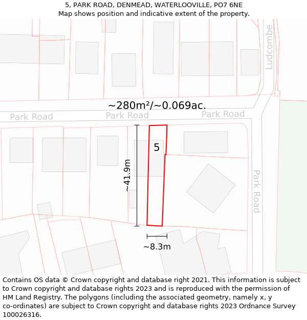 5, PARK ROAD, DENMEAD, WATERLOOVILLE, PO7 6NE: Plot and title map