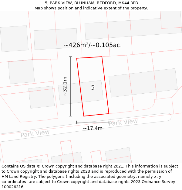 5, PARK VIEW, BLUNHAM, BEDFORD, MK44 3PB: Plot and title map