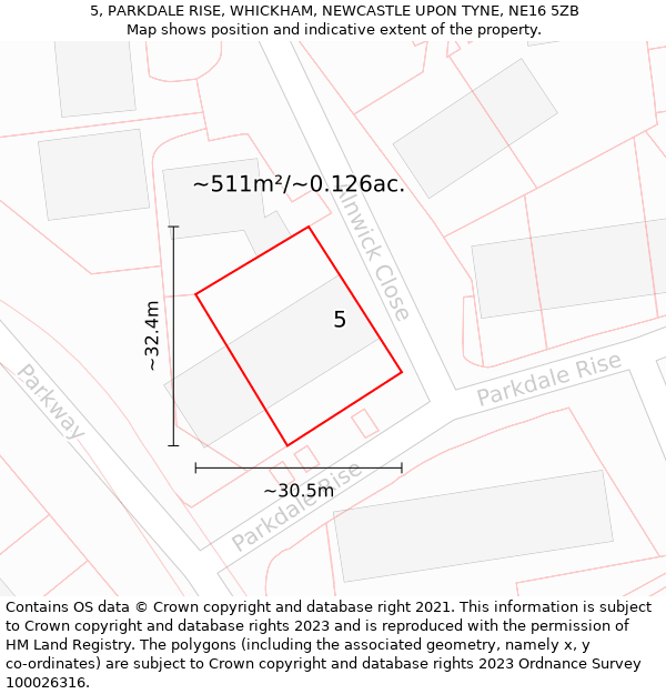 5, PARKDALE RISE, WHICKHAM, NEWCASTLE UPON TYNE, NE16 5ZB: Plot and title map