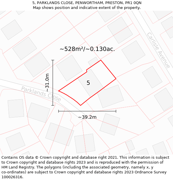 5, PARKLANDS CLOSE, PENWORTHAM, PRESTON, PR1 0QN: Plot and title map