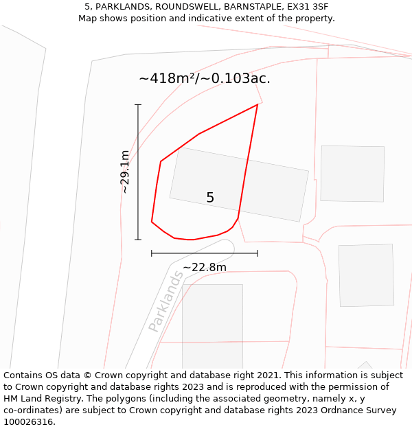 5, PARKLANDS, ROUNDSWELL, BARNSTAPLE, EX31 3SF: Plot and title map