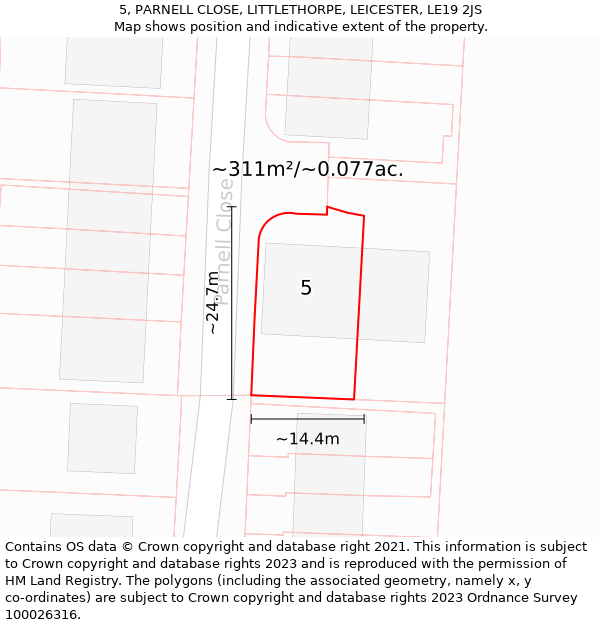 5, PARNELL CLOSE, LITTLETHORPE, LEICESTER, LE19 2JS: Plot and title map