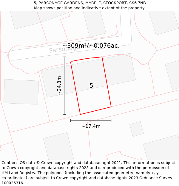 5, PARSONAGE GARDENS, MARPLE, STOCKPORT, SK6 7NB: Plot and title map