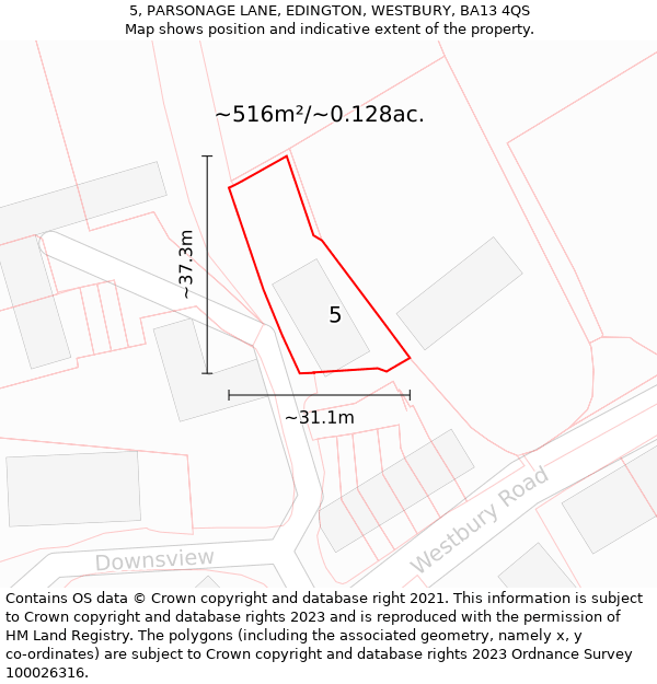 5, PARSONAGE LANE, EDINGTON, WESTBURY, BA13 4QS: Plot and title map