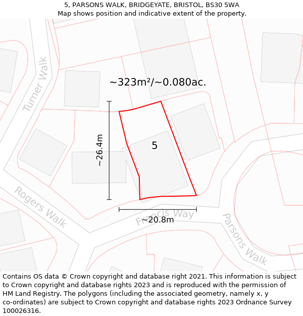 5, PARSONS WALK, BRIDGEYATE, BRISTOL, BS30 5WA: Plot and title map