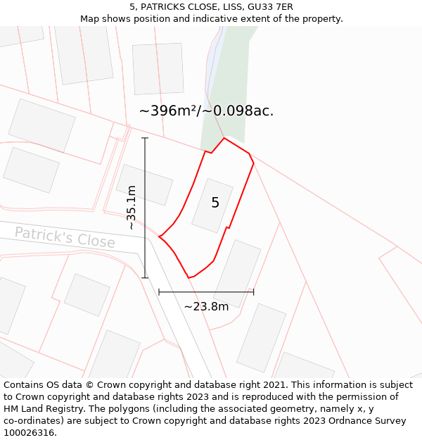 5, PATRICKS CLOSE, LISS, GU33 7ER: Plot and title map