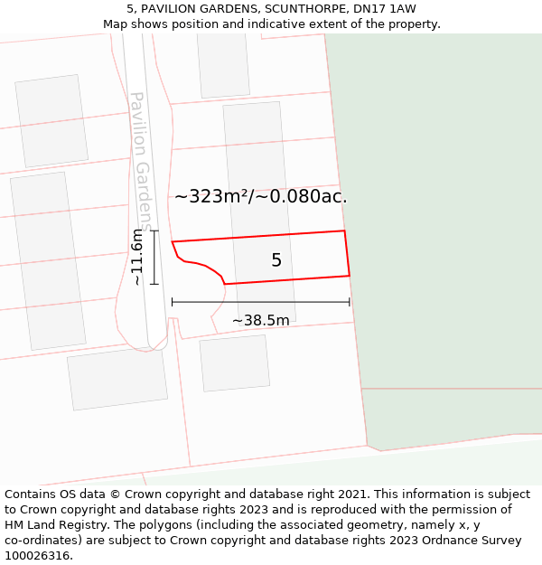 5, PAVILION GARDENS, SCUNTHORPE, DN17 1AW: Plot and title map