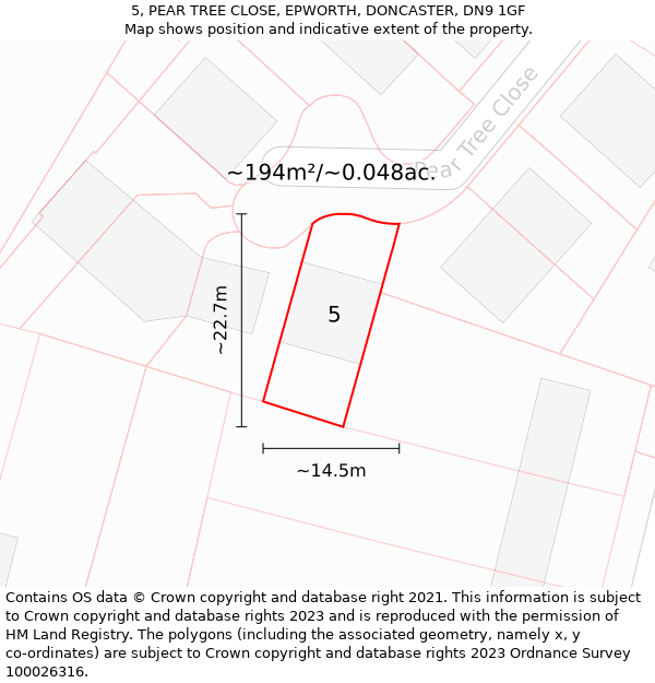 5, PEAR TREE CLOSE, EPWORTH, DONCASTER, DN9 1GF: Plot and title map