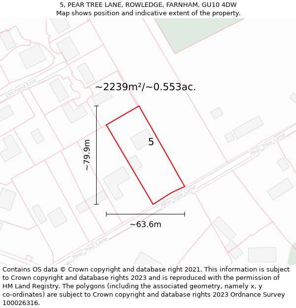 5, PEAR TREE LANE, ROWLEDGE, FARNHAM, GU10 4DW: Plot and title map