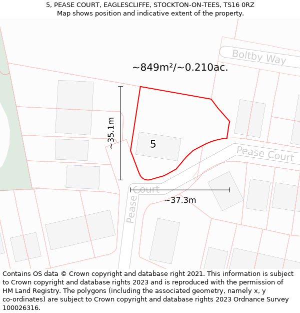 5, PEASE COURT, EAGLESCLIFFE, STOCKTON-ON-TEES, TS16 0RZ: Plot and title map