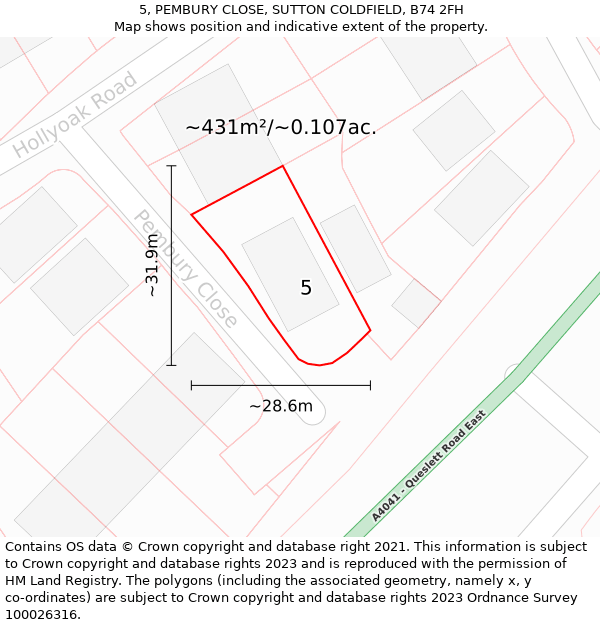 5, PEMBURY CLOSE, SUTTON COLDFIELD, B74 2FH: Plot and title map