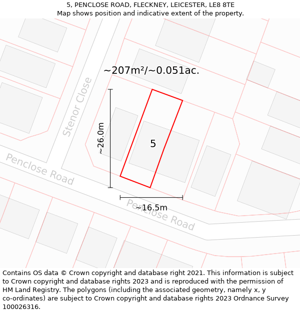 5, PENCLOSE ROAD, FLECKNEY, LEICESTER, LE8 8TE: Plot and title map