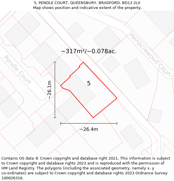 5, PENDLE COURT, QUEENSBURY, BRADFORD, BD13 2LX: Plot and title map