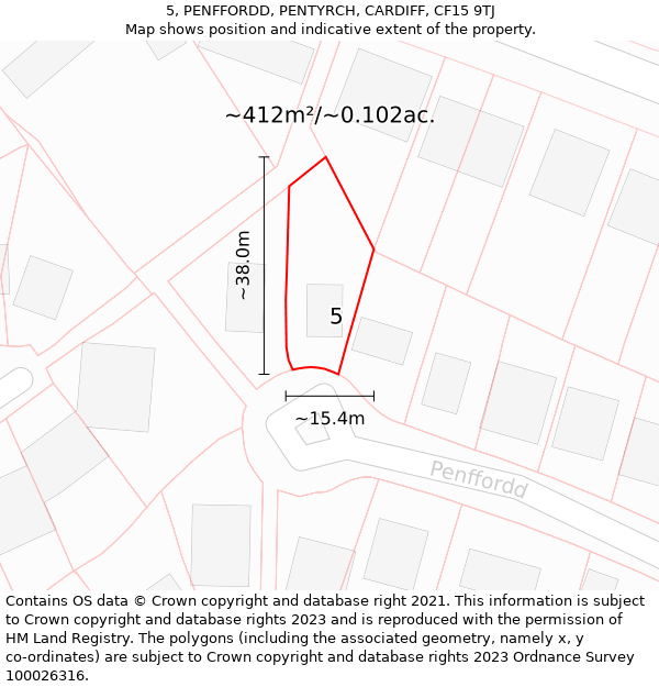 5, PENFFORDD, PENTYRCH, CARDIFF, CF15 9TJ: Plot and title map