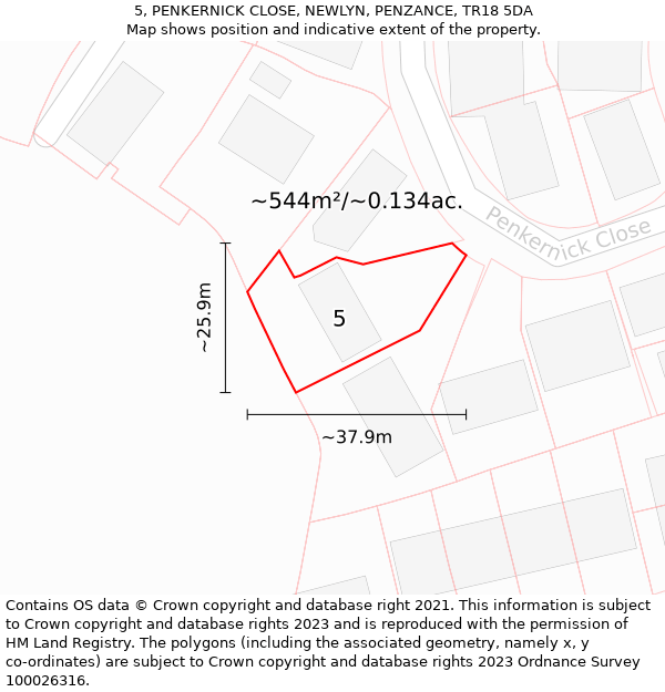 5, PENKERNICK CLOSE, NEWLYN, PENZANCE, TR18 5DA: Plot and title map