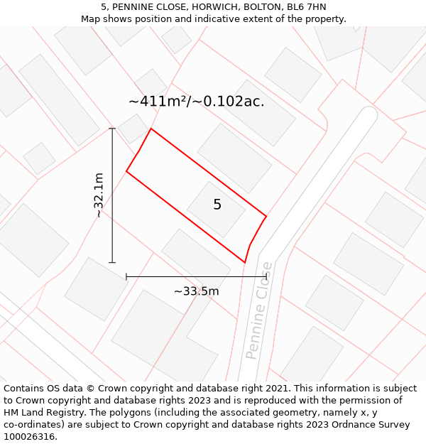 5, PENNINE CLOSE, HORWICH, BOLTON, BL6 7HN: Plot and title map