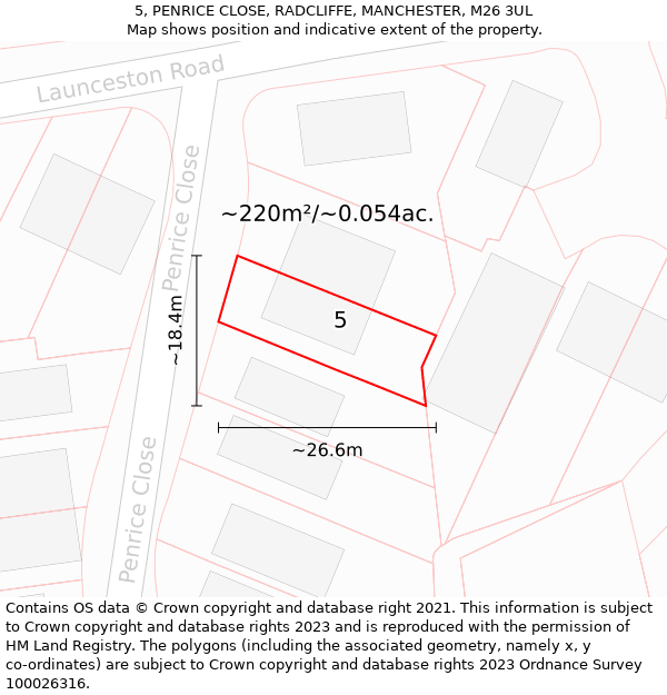 5, PENRICE CLOSE, RADCLIFFE, MANCHESTER, M26 3UL: Plot and title map