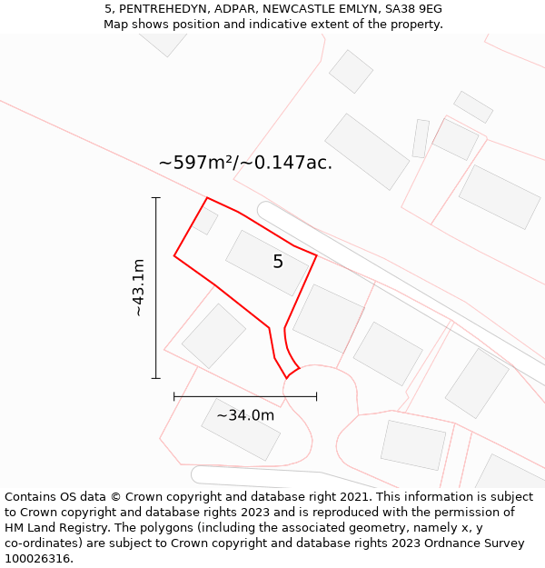 5, PENTREHEDYN, ADPAR, NEWCASTLE EMLYN, SA38 9EG: Plot and title map