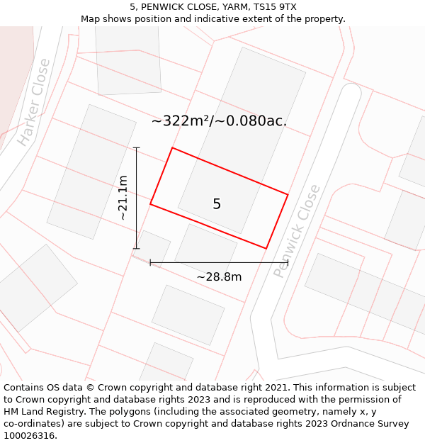 5, PENWICK CLOSE, YARM, TS15 9TX: Plot and title map