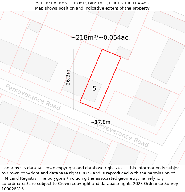 5, PERSEVERANCE ROAD, BIRSTALL, LEICESTER, LE4 4AU: Plot and title map