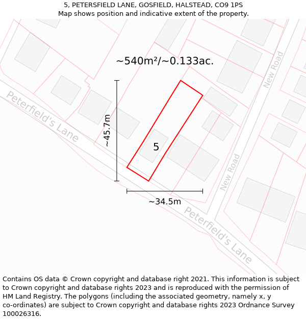 5, PETERSFIELD LANE, GOSFIELD, HALSTEAD, CO9 1PS: Plot and title map