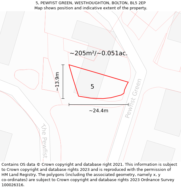 5, PEWFIST GREEN, WESTHOUGHTON, BOLTON, BL5 2EP: Plot and title map