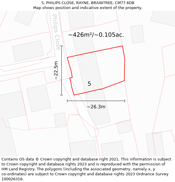 5, PHILIPS CLOSE, RAYNE, BRAINTREE, CM77 6DB: Plot and title map