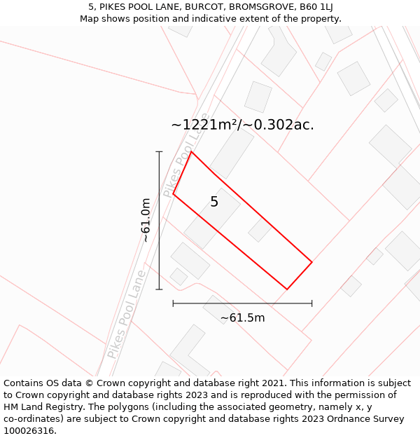 5, PIKES POOL LANE, BURCOT, BROMSGROVE, B60 1LJ: Plot and title map