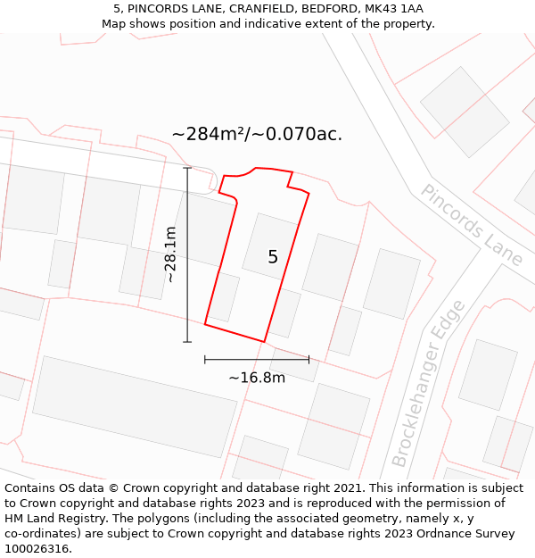 5, PINCORDS LANE, CRANFIELD, BEDFORD, MK43 1AA: Plot and title map