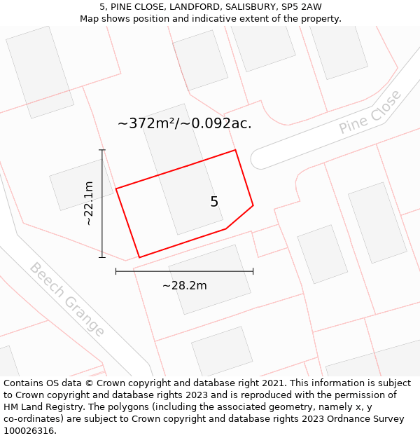 5, PINE CLOSE, LANDFORD, SALISBURY, SP5 2AW: Plot and title map