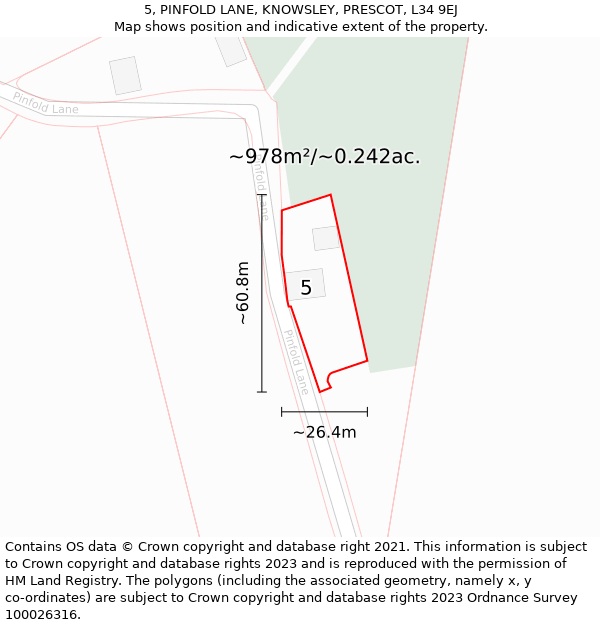 5, PINFOLD LANE, KNOWSLEY, PRESCOT, L34 9EJ: Plot and title map