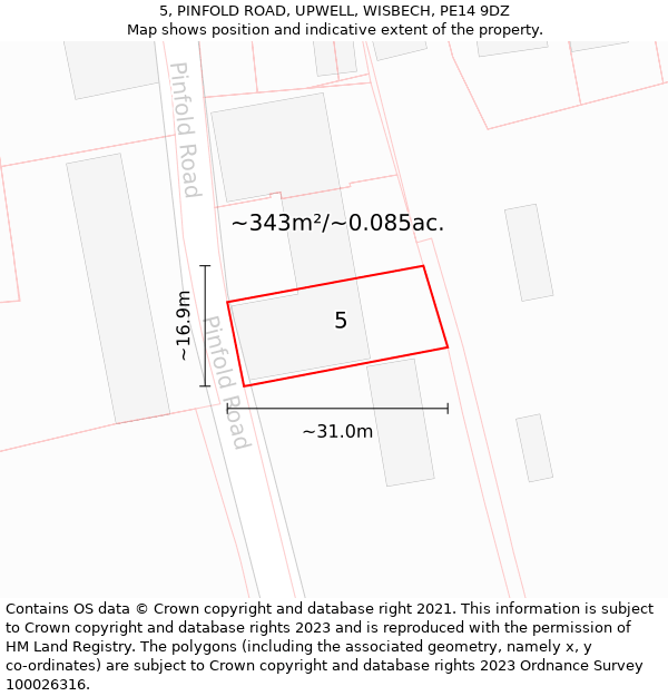 5, PINFOLD ROAD, UPWELL, WISBECH, PE14 9DZ: Plot and title map