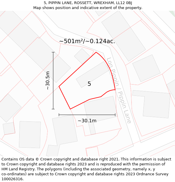 5, PIPPIN LANE, ROSSETT, WREXHAM, LL12 0BJ: Plot and title map