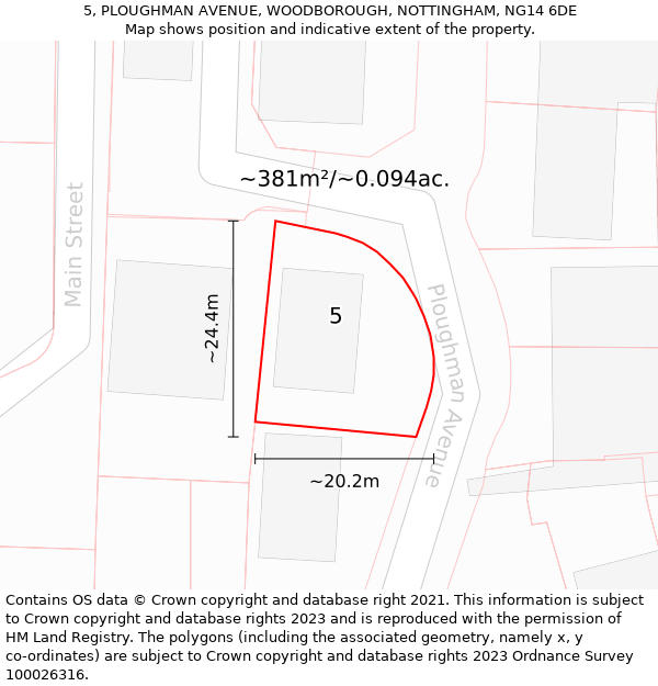 5, PLOUGHMAN AVENUE, WOODBOROUGH, NOTTINGHAM, NG14 6DE: Plot and title map