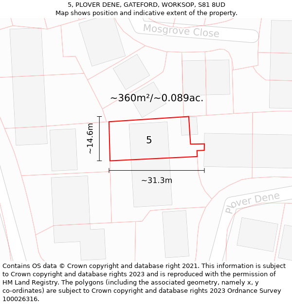 5, PLOVER DENE, GATEFORD, WORKSOP, S81 8UD: Plot and title map