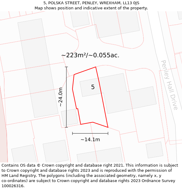 5, POLSKA STREET, PENLEY, WREXHAM, LL13 0JS: Plot and title map
